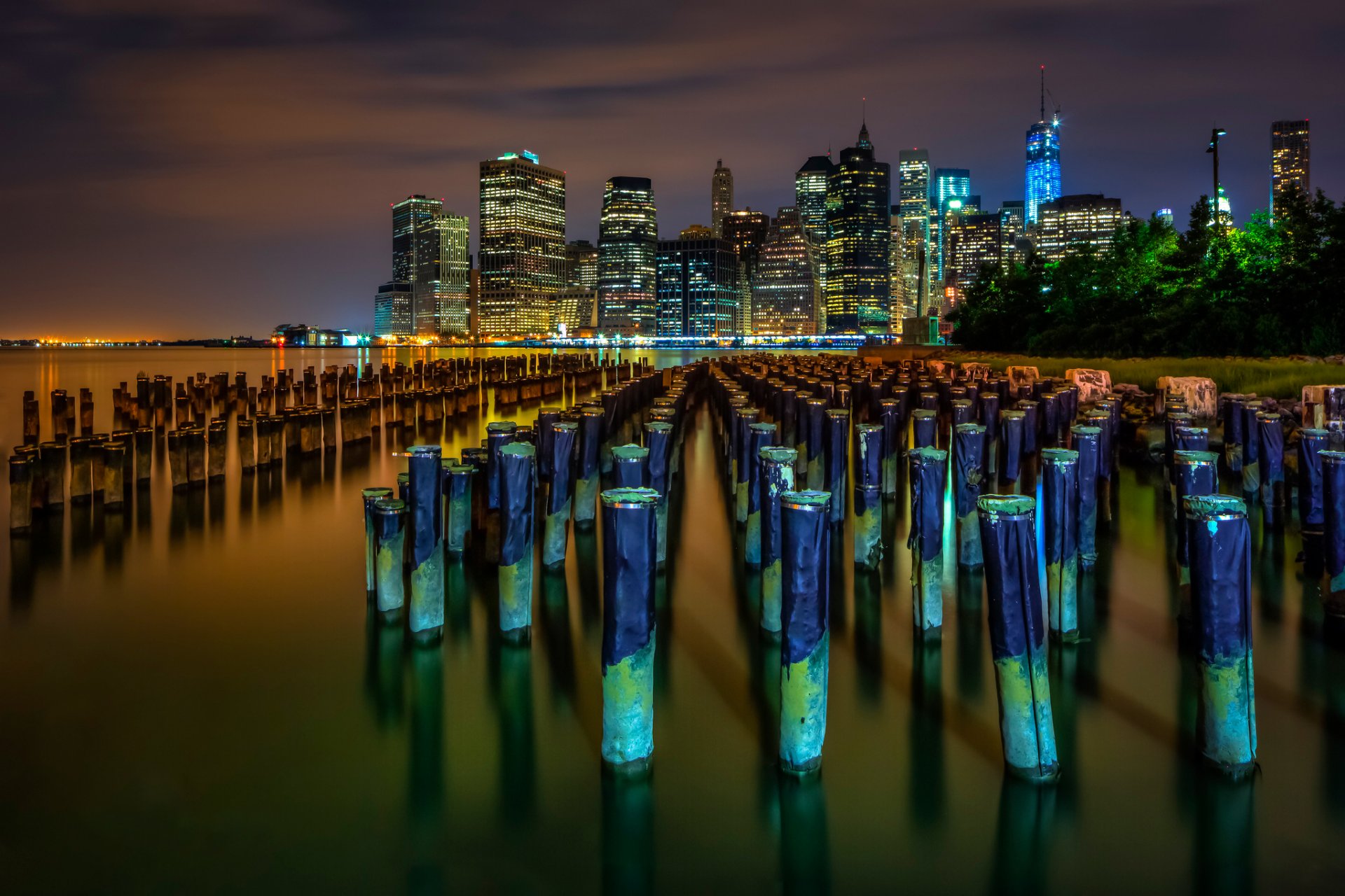 new york stati uniti d america brooklyn bridge park lower manhattan east river città grattacieli east river notte luci