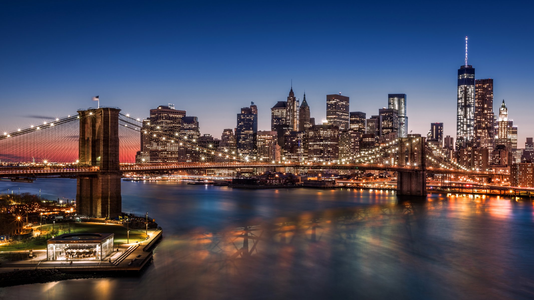 brooklyn bridge manhattan new york usa night city lights skyscrapers harbour
