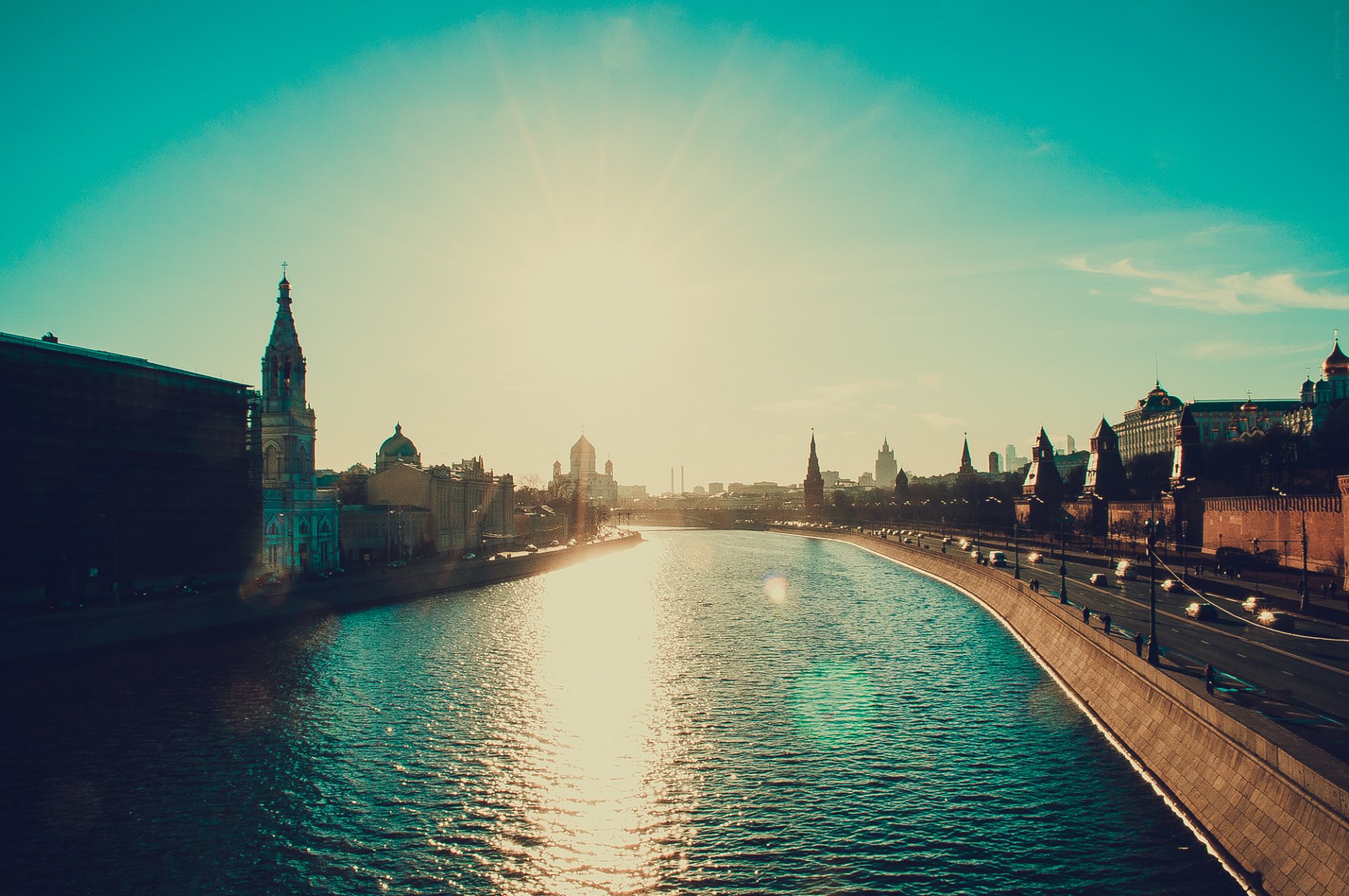 moscow town bridge water sun spring landscape