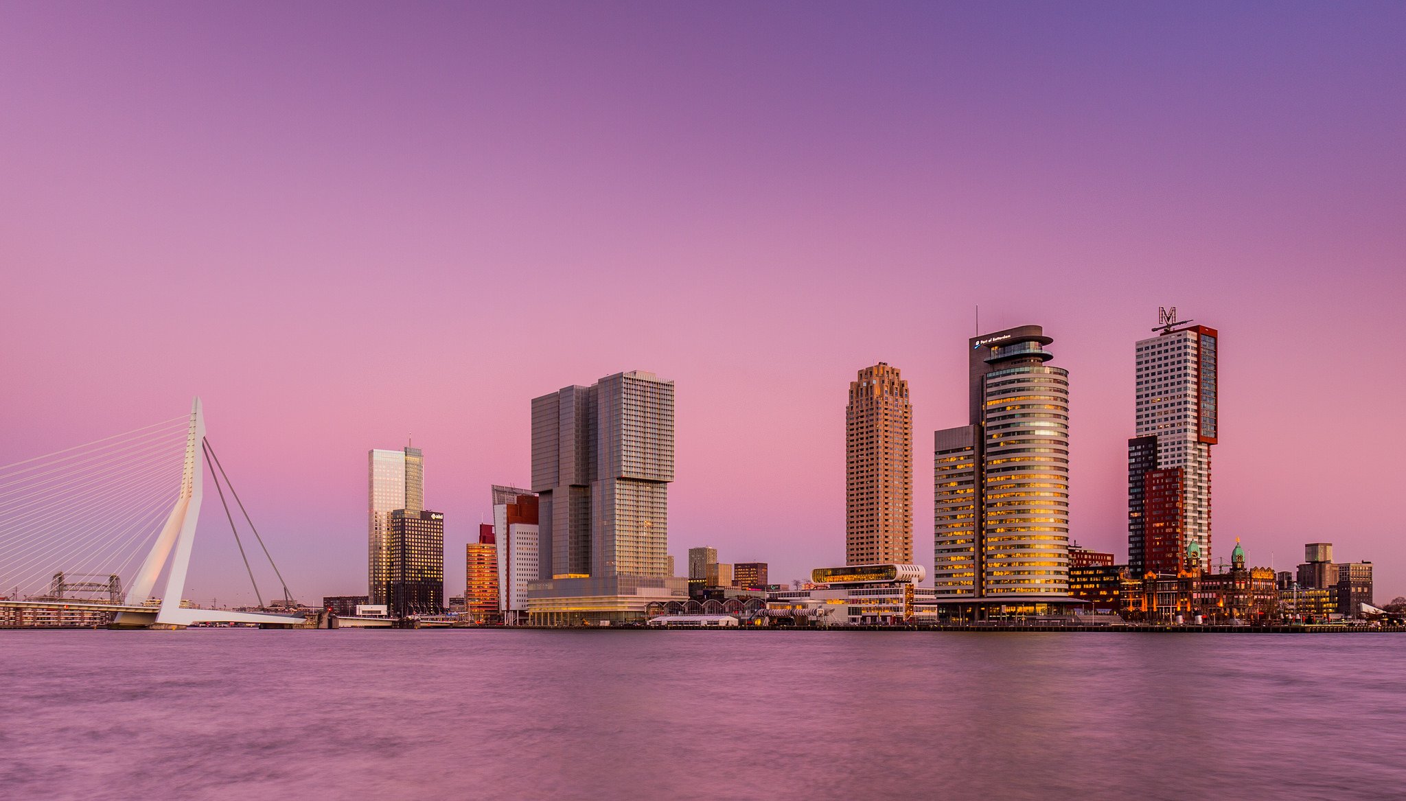 holandia rotterdam miasto drapacze chmur most rzeka różowe niebo