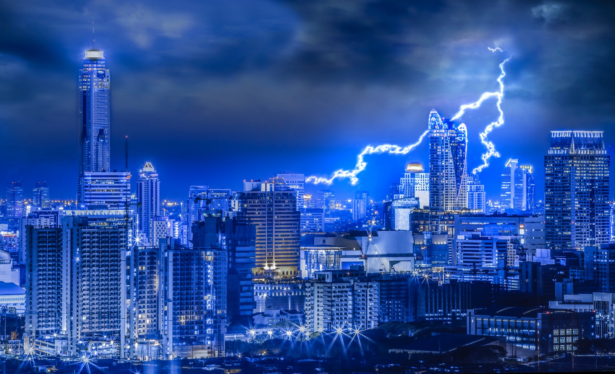 thailand bangkok night sky clouds the storm lightning house lights processing