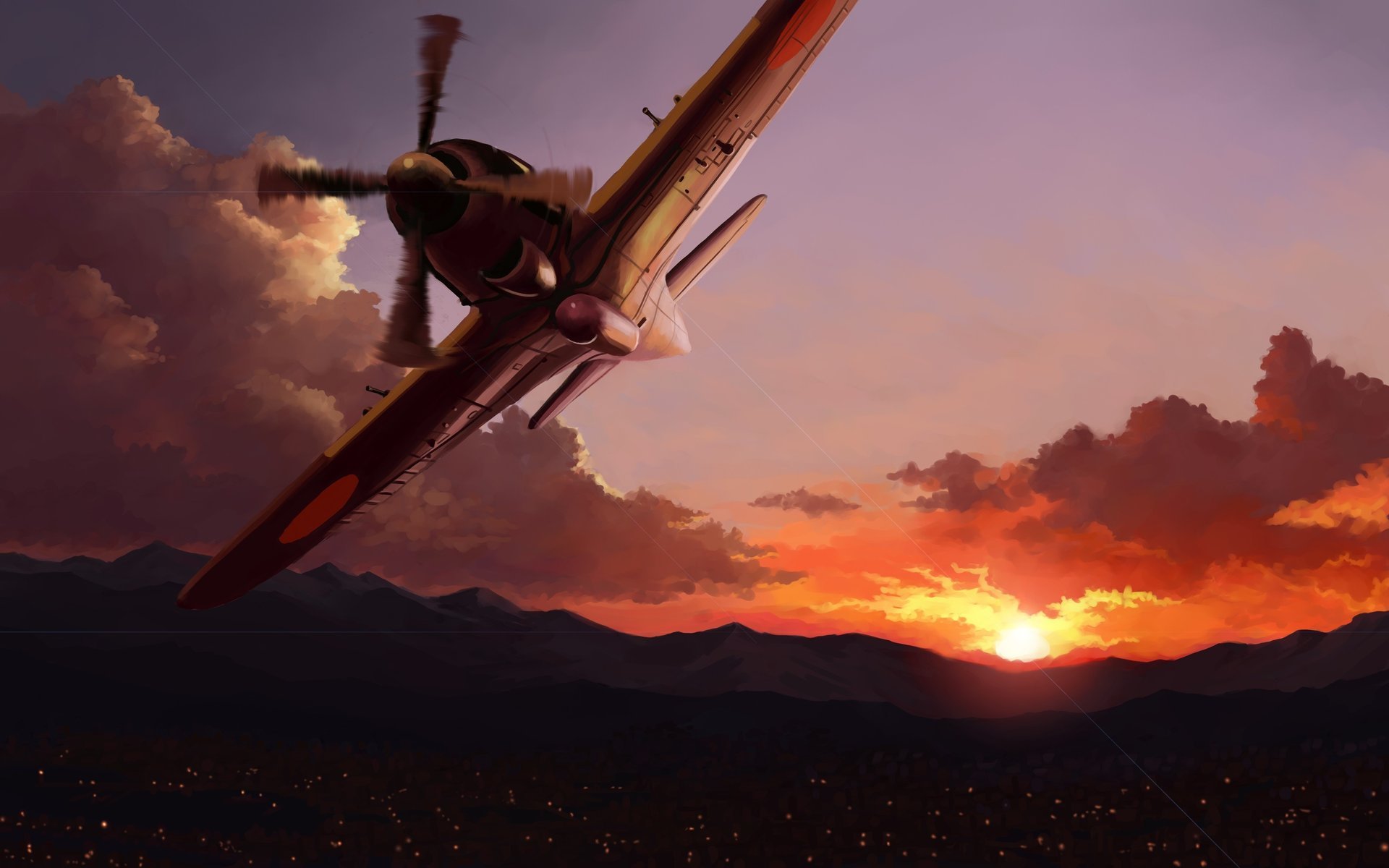 kunst lichter stadt sonnenuntergang flugzeug am himmel