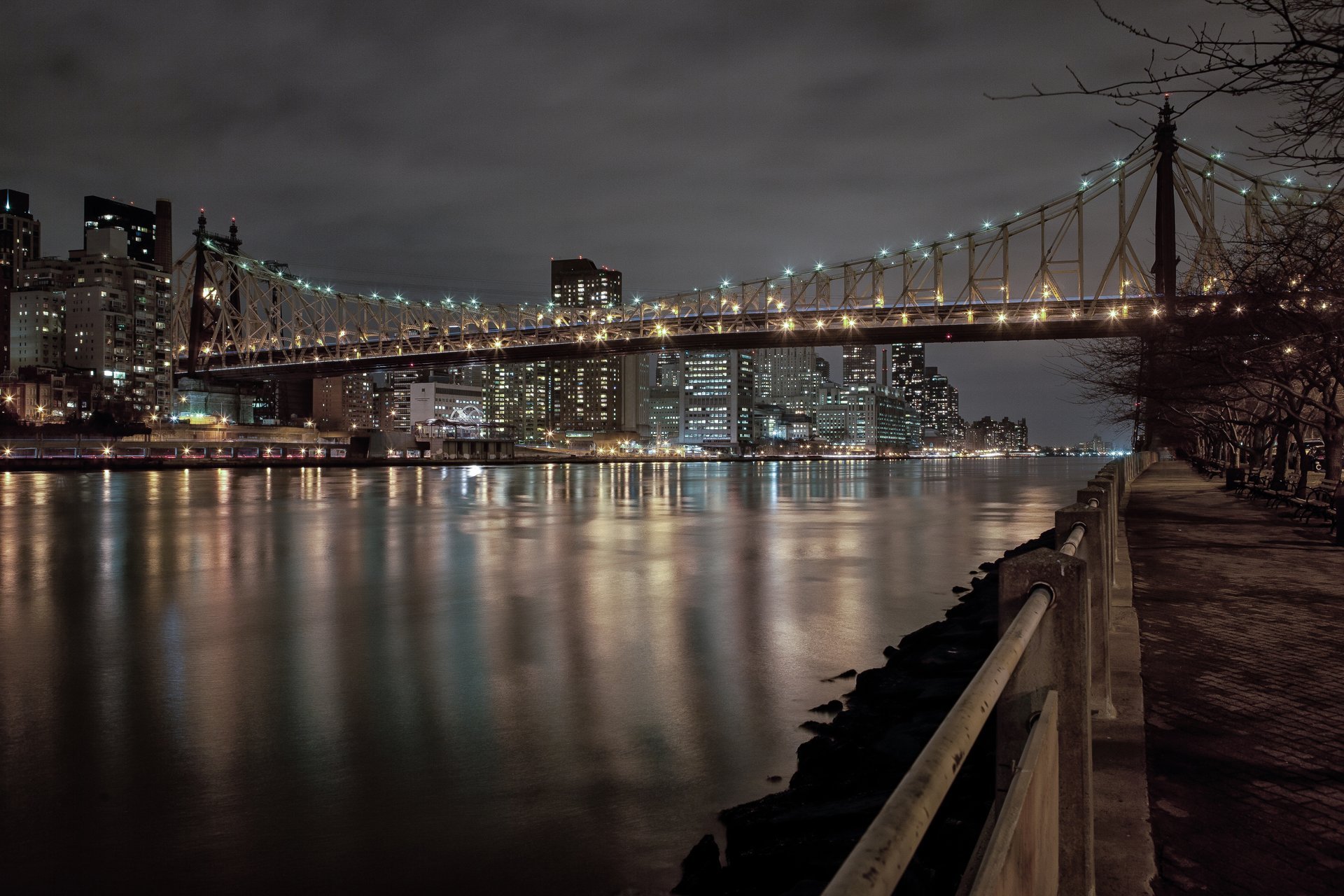 nowy jork roosevelt east river most miasto latarnie noc park ławki światła budynki