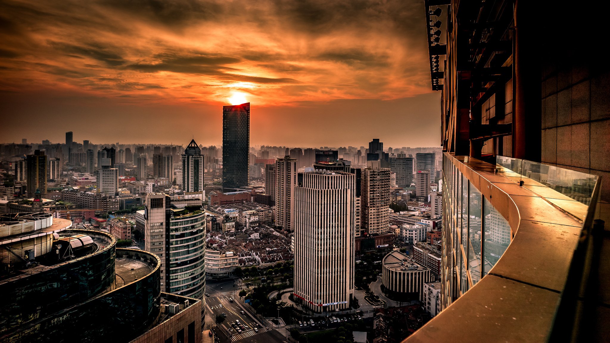 huangpu shanghai chine coucher de soleil bâtiments panorama