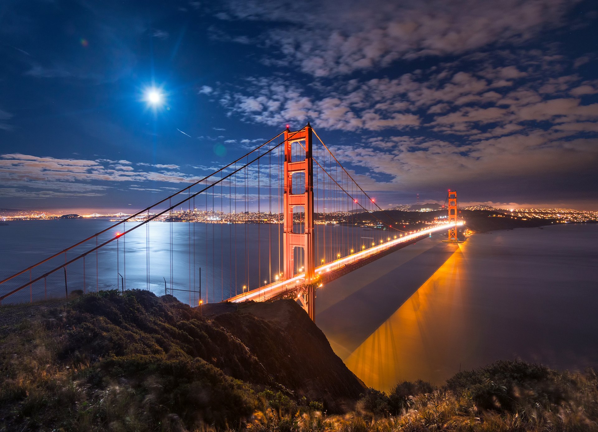 usa kalifornien stadt san francisco bucht meerenge golden gate bridge nacht lichter himmel mond licht