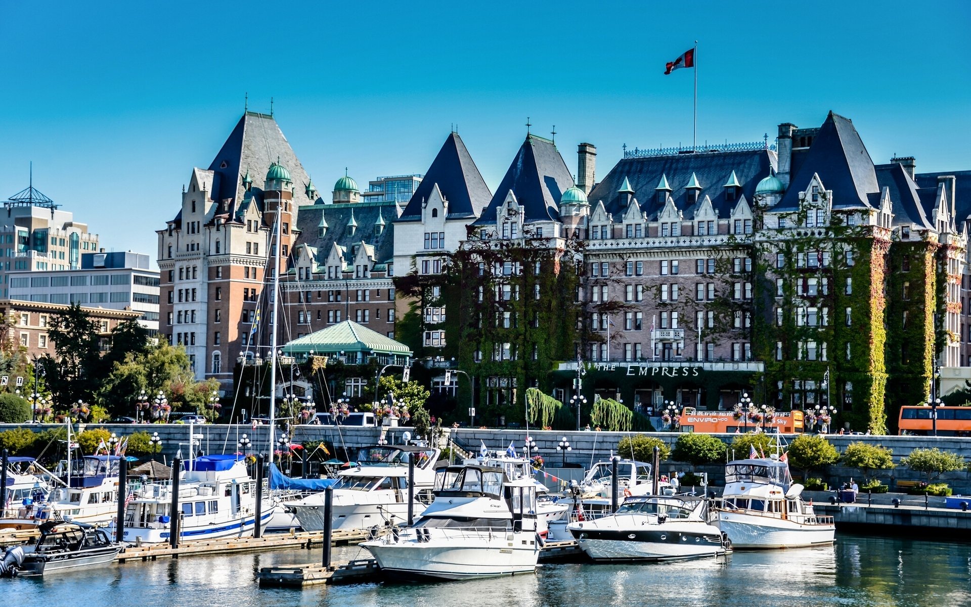victoria british columbia canada the empress hotel yacht of the boat embankment building the port pier
