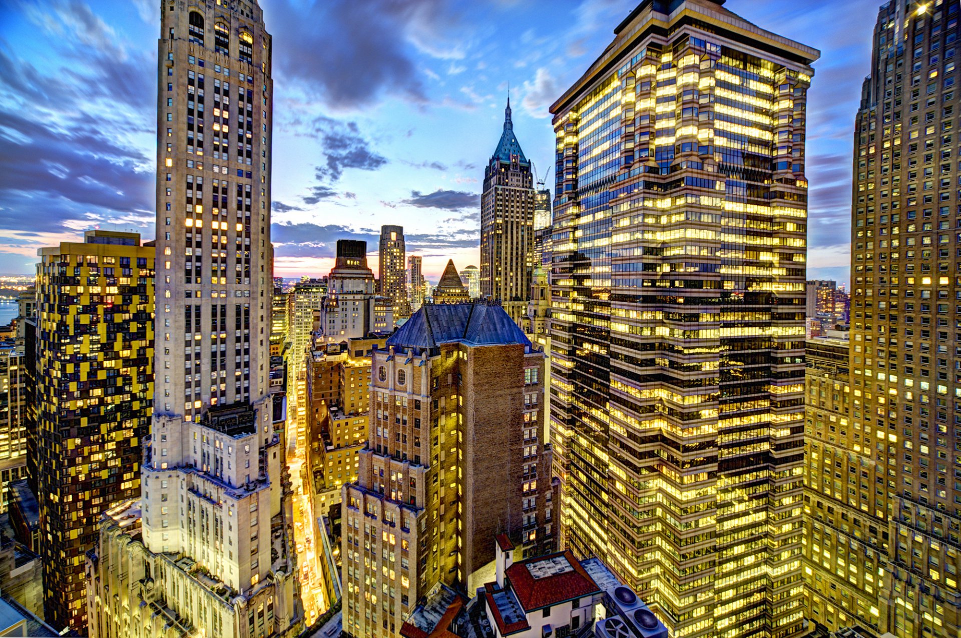 new york manhattan wall street usa city evening sunset skyscrapers buildings houses windows lights light