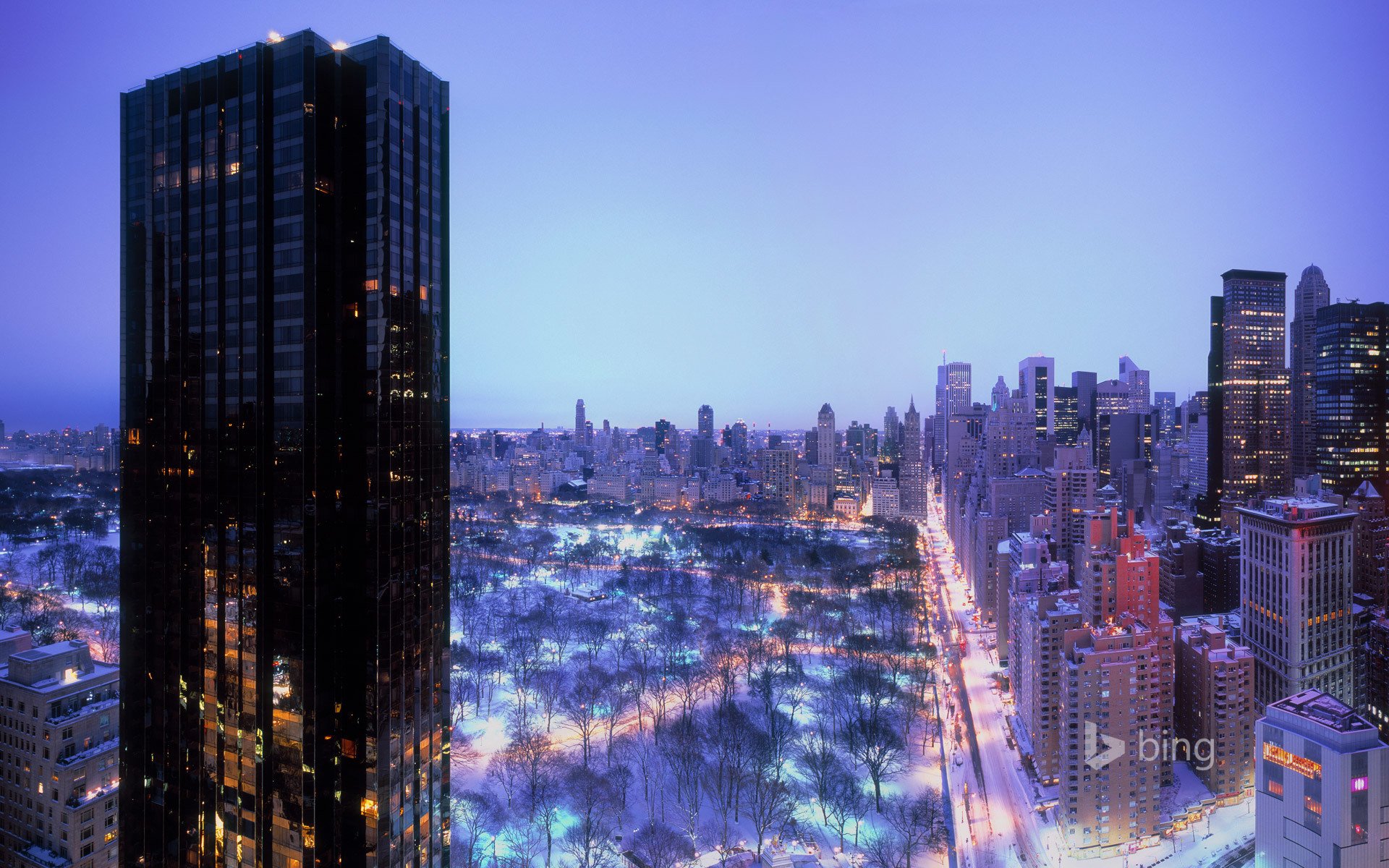 nowy jork usa central park niebo domy zima wieczór światła