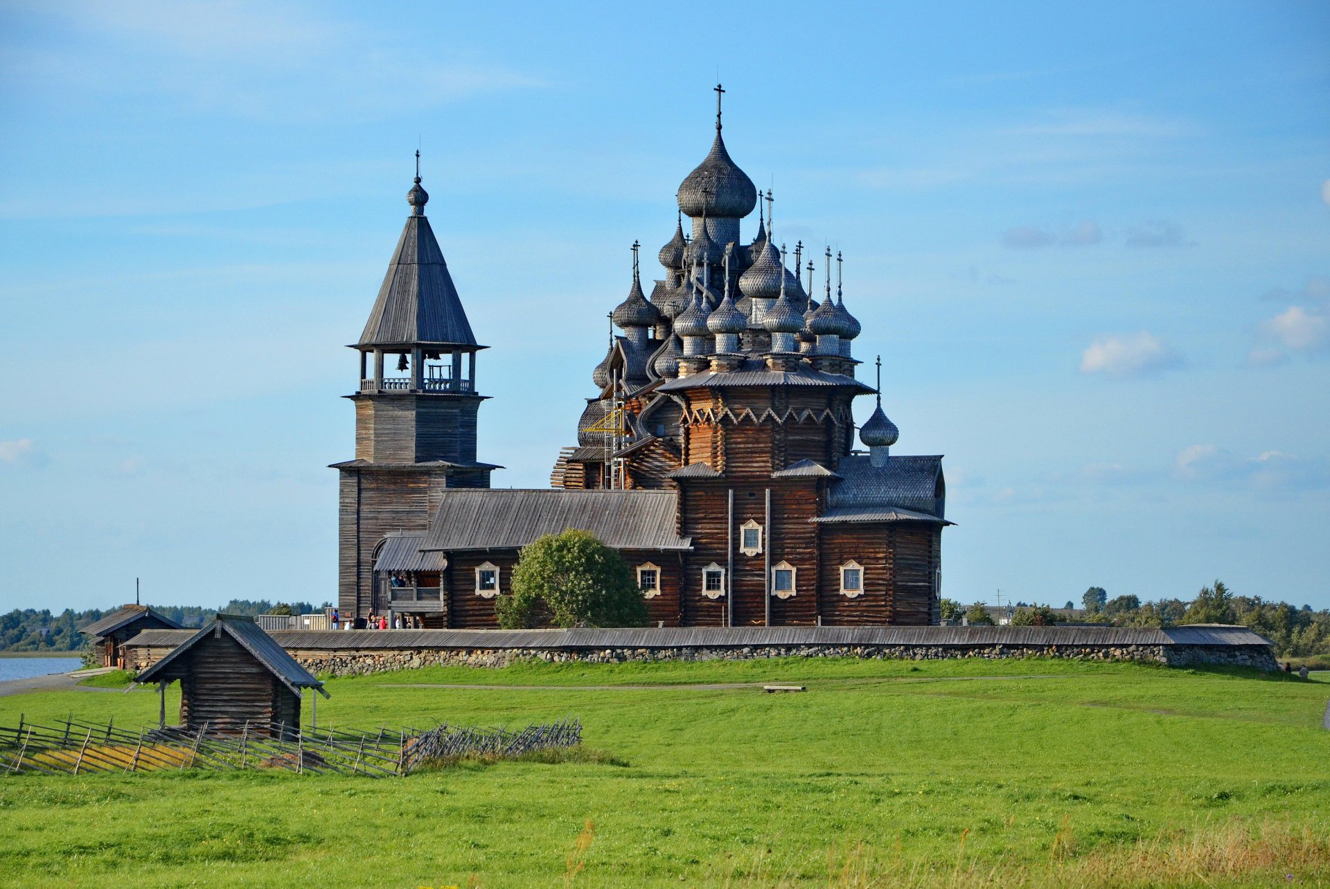russia karelia kizhi churchyard church domes island lake landscape