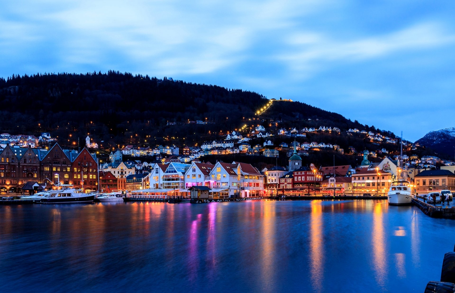 bergen norway town night house buildings lights sea harbor pier boat
