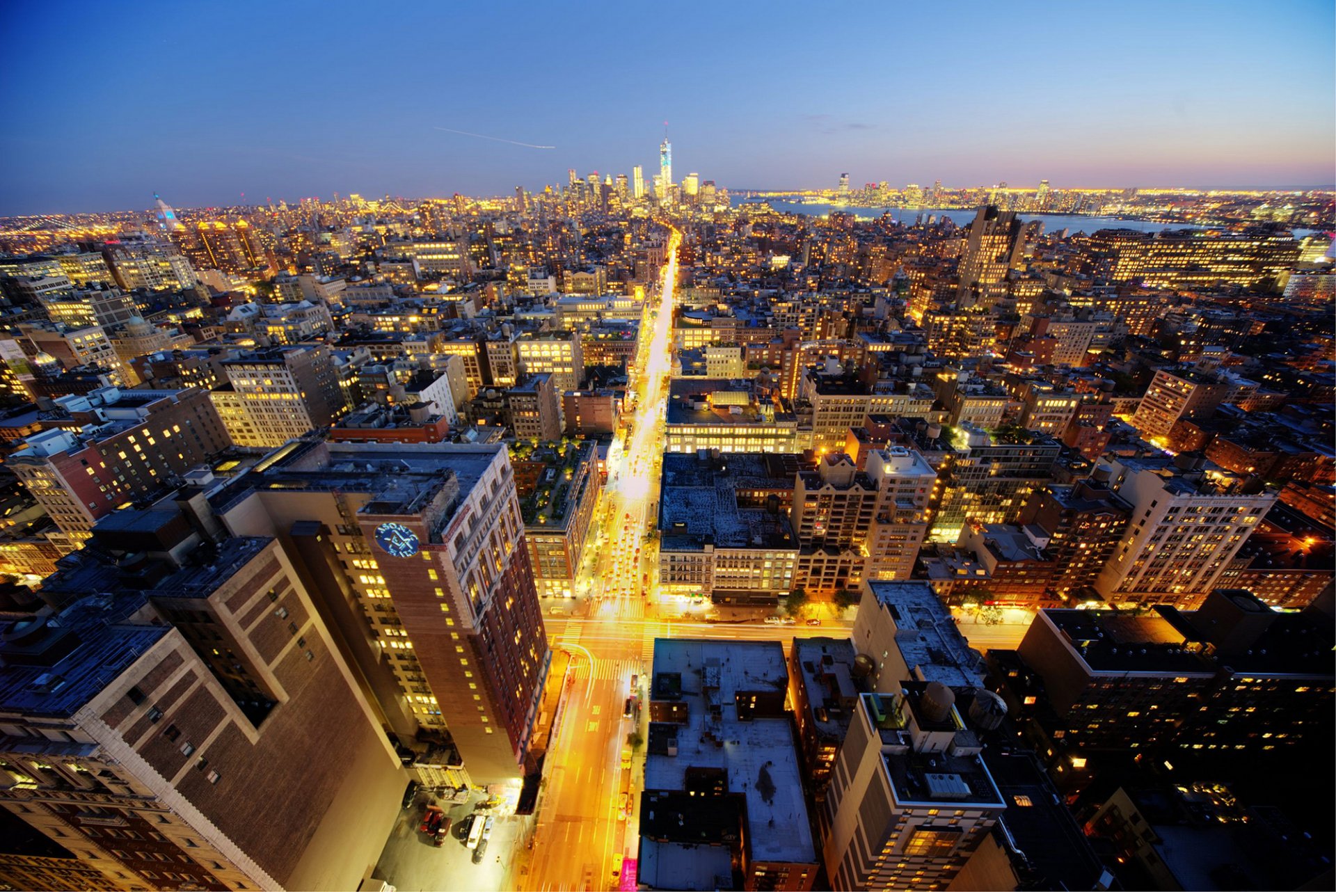 new york manhattan midtown chelsea stratus usa sera città grattacieli edifici grattacieli tetti strade luci luci panorama