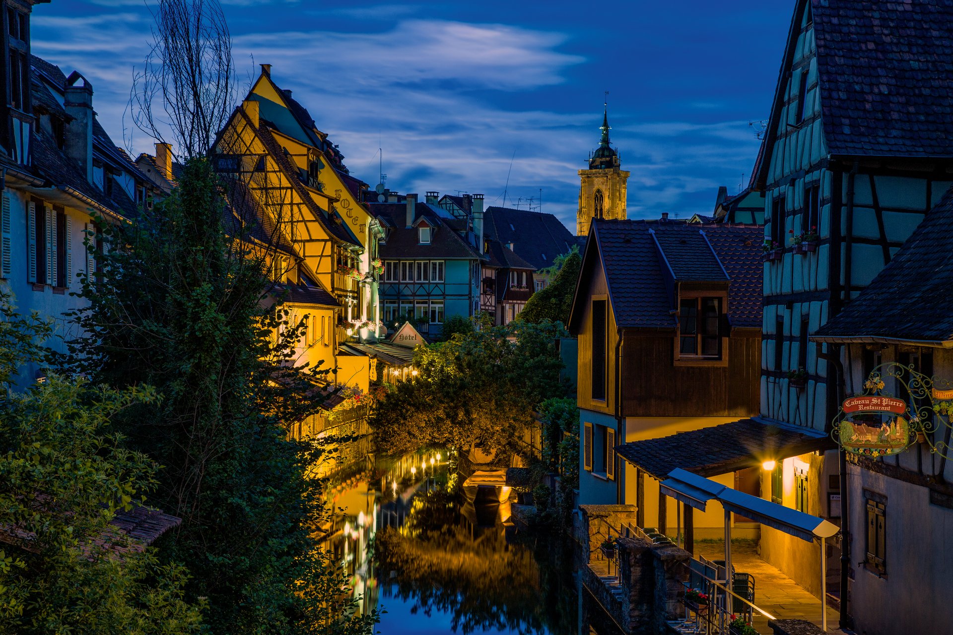 town colmar alsace france street channel water buildings house night lights lighting