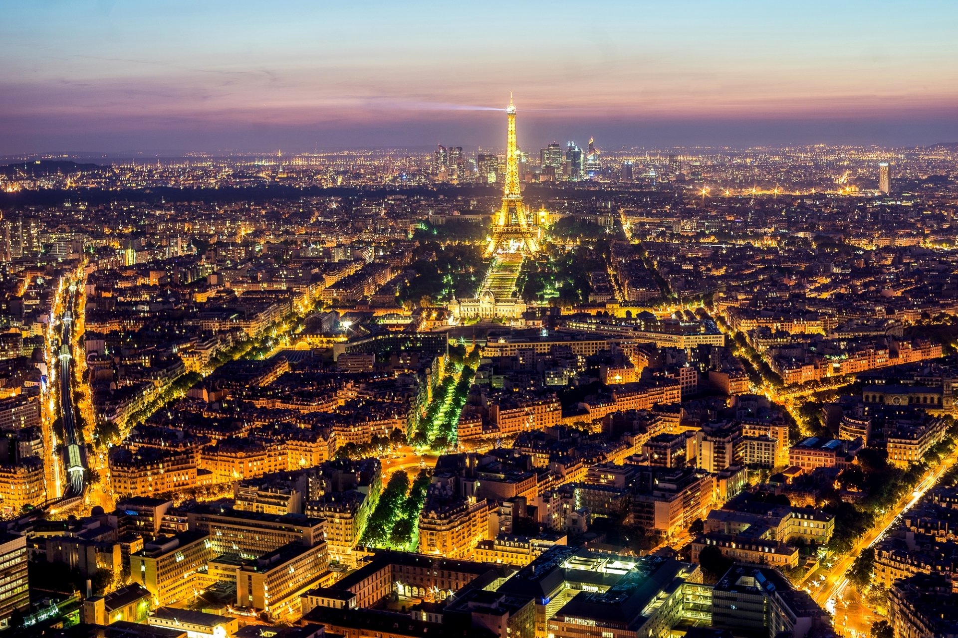 paris france city night evening lights light la tour eiffel eiffel tower panorama architecture houses buildings roads street
