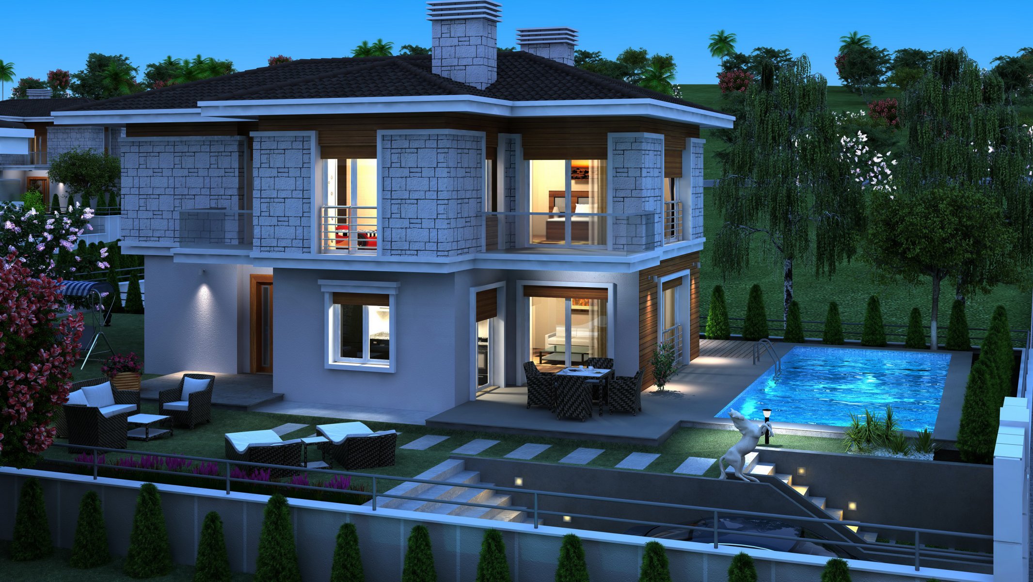 casa diseño piscina noche mansión gráficos 3d foto