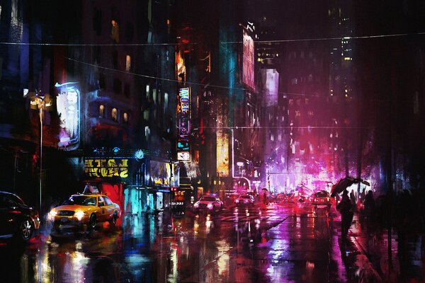 Night city wet streets