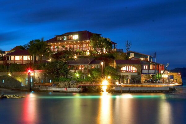 On the seashore, a glowing night town