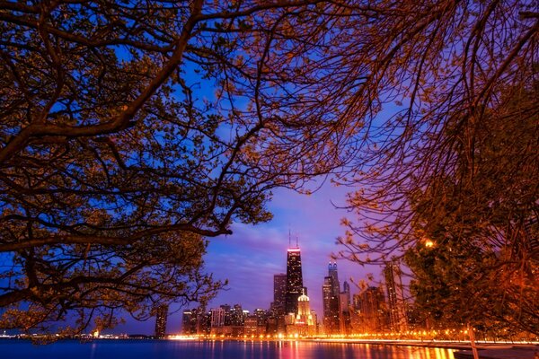 The lights of Chicago. Skyscrapers by the water