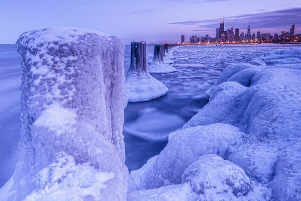 Winter, night city of Chicago