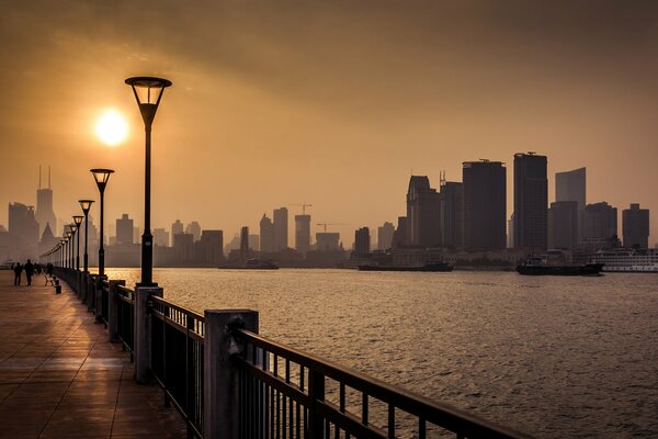 Sunset on the waterfront in Shanghai