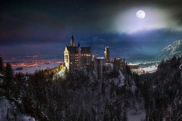 Neuschwanstein Castle at night in southern Germany