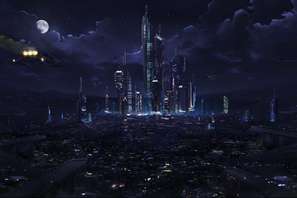 Cyber City métropole avec des gratte-ciels dans le centre de la nuit bleu foncé avec la lune et les nuages sombres