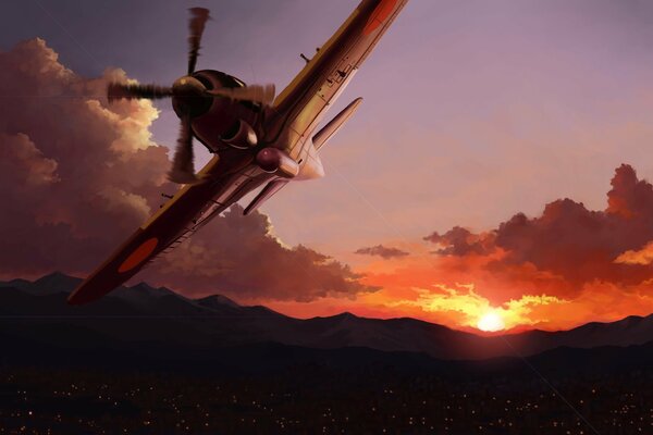 Sunset of the city plane in the sky