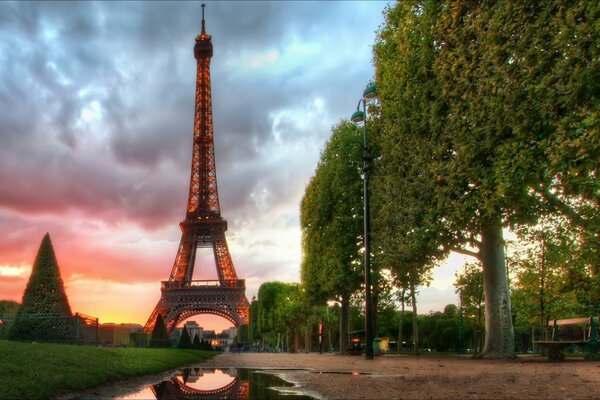 Symbols of Paris. Eiffel Tower in the morning