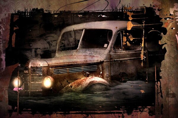 Retro car in retro processing