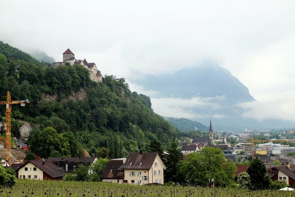 View of the town of Vaduz in Liechtenstein and the mountains