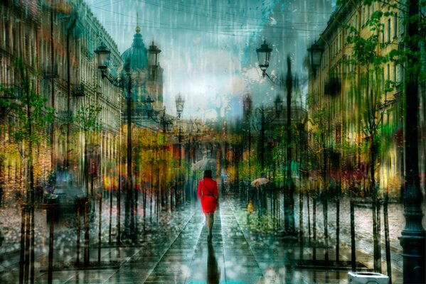 A girl under a downpour in St. Petersburg