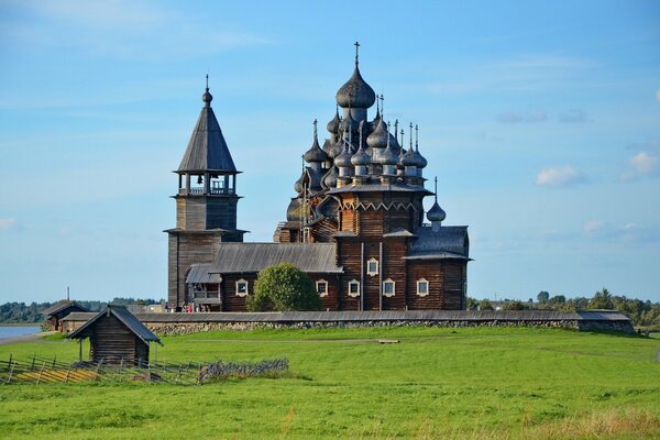 Kizhi churchyard in Kaleria on an island near a lake and a beautiful landscape