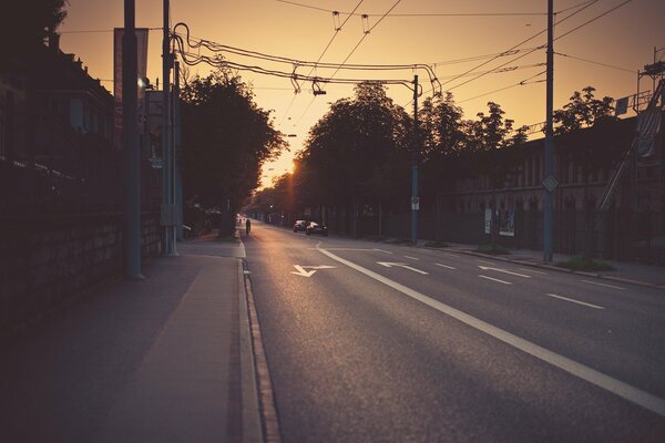 Beautiful evening sunset on the road
