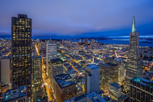 Towers and buildings of night California from high