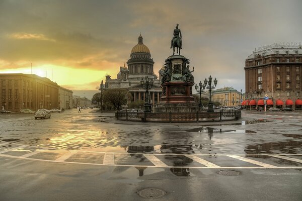 St. Petersburg Square at sunset after rain