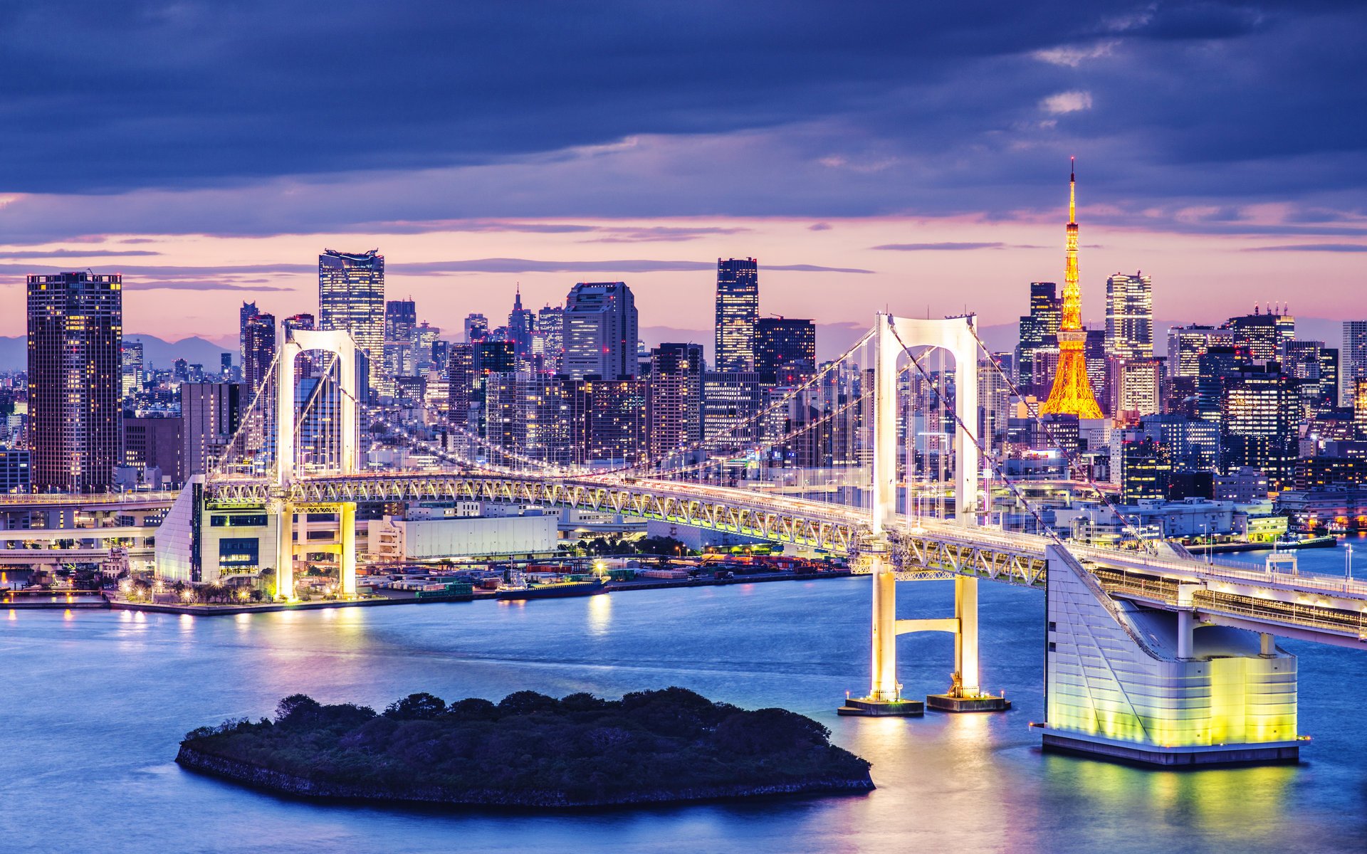 bahía de tokio japón puente urbano noche luces puerto tokio ciudad de la noche luces