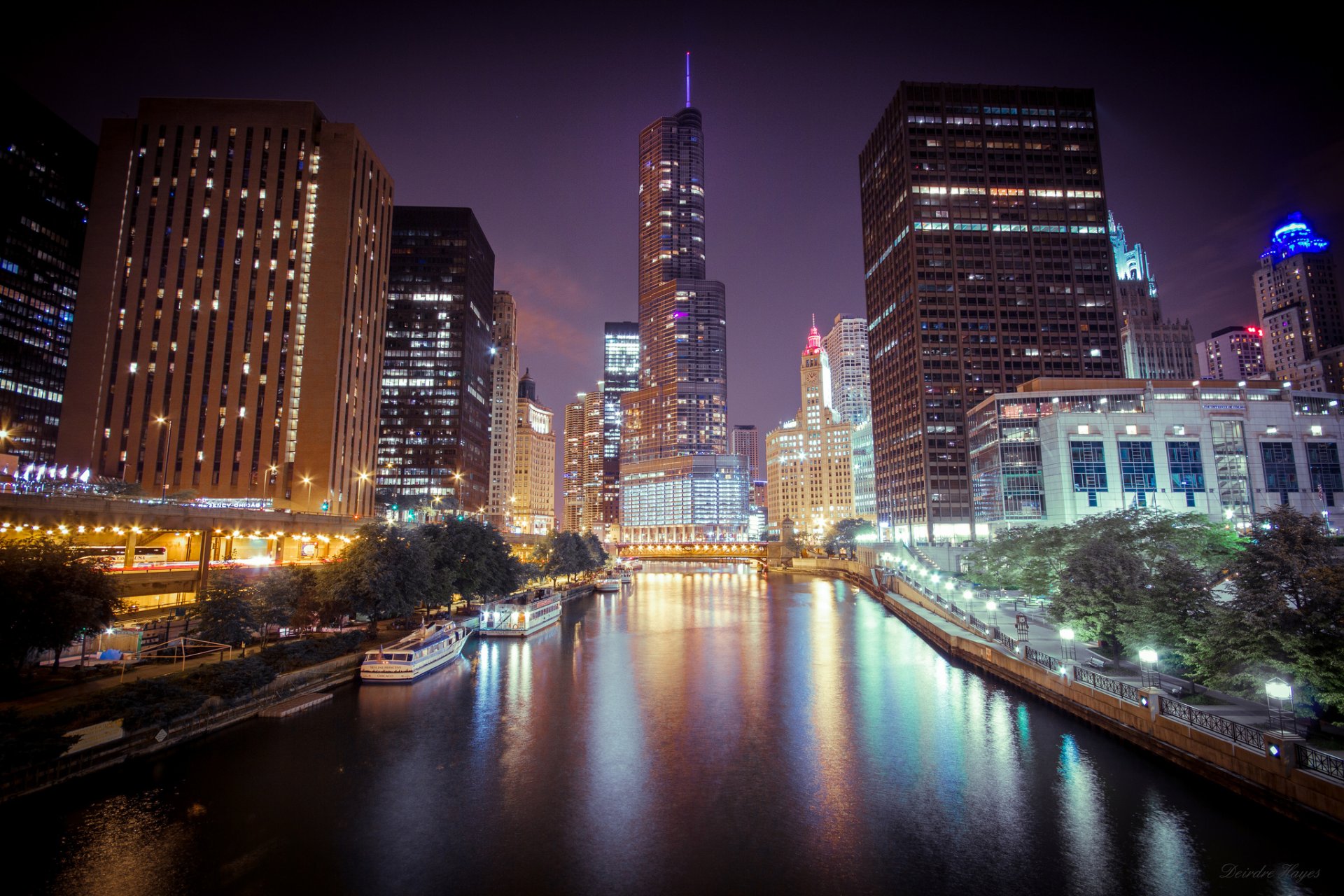 chicago illinois miasto rzeka drapacze chmur noc światła