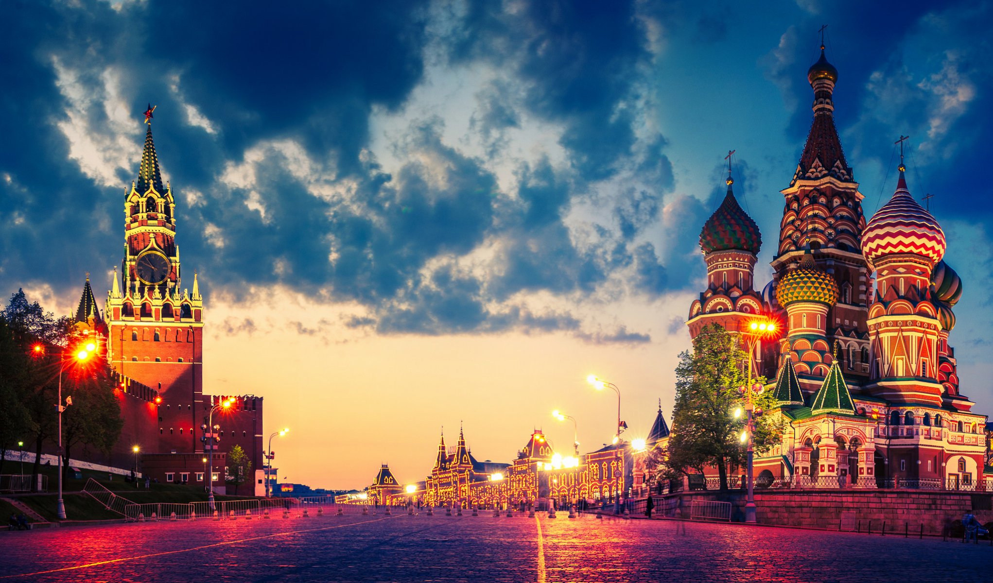 russia moscow red square st. basil s cathedral the kremlin lights clouds twilight