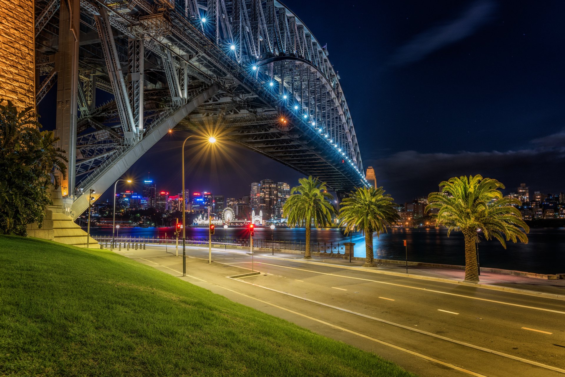 australia sydney bridge night river road lights palm