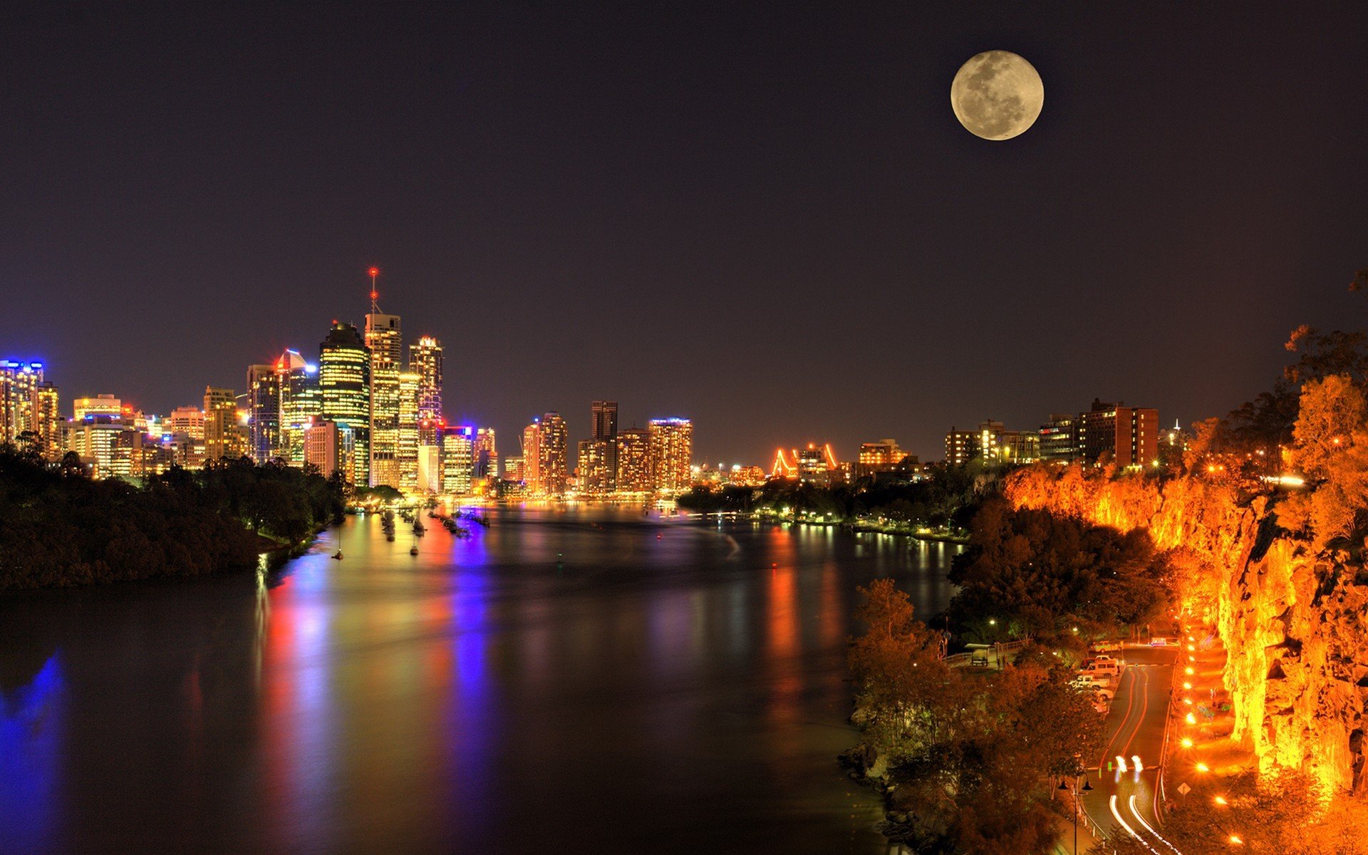 księżyc drapacze chmur australia brisbane cieśnina droga światła noc panorama