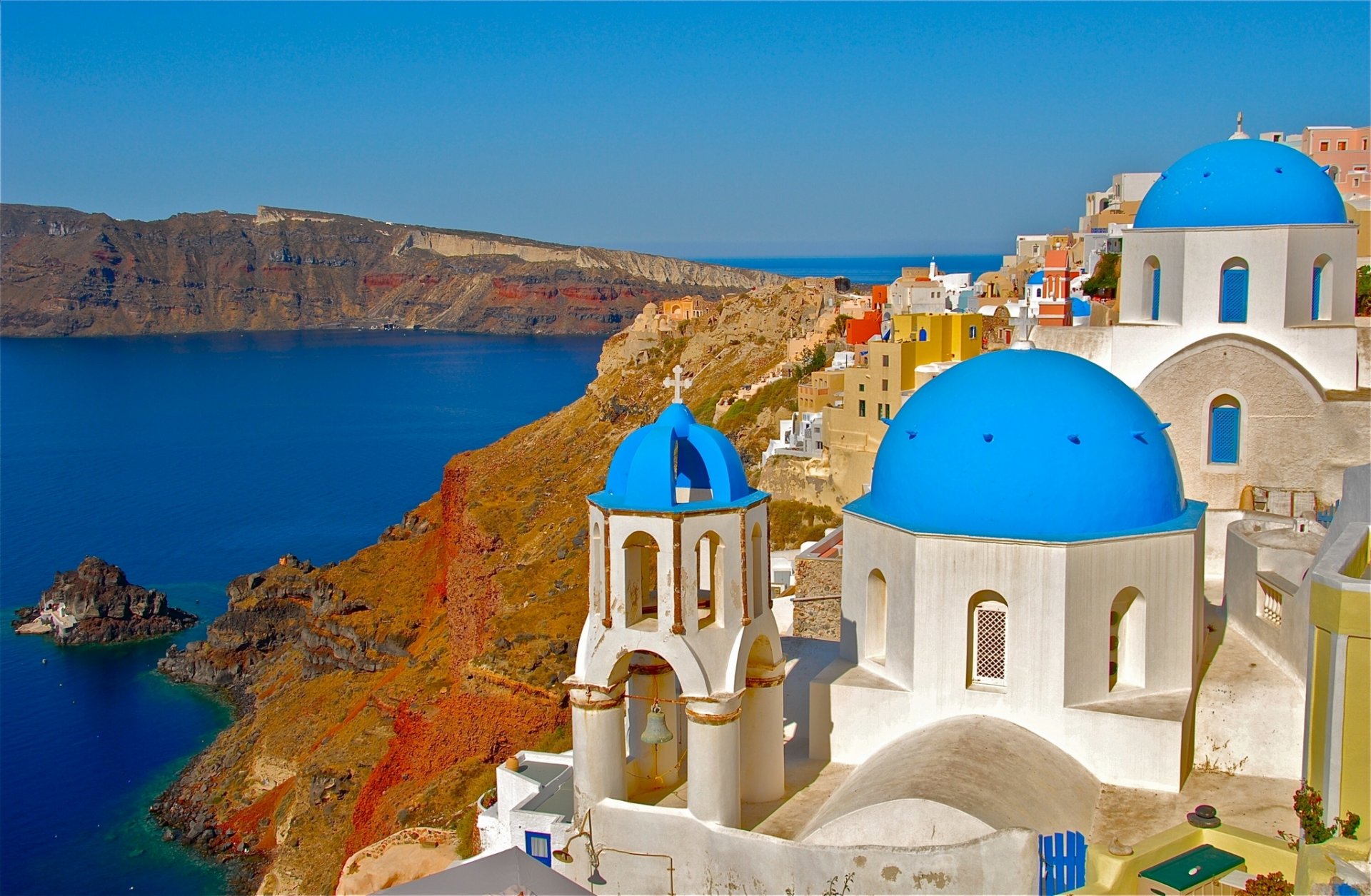 oia santorini greece aegean sea church coast rock