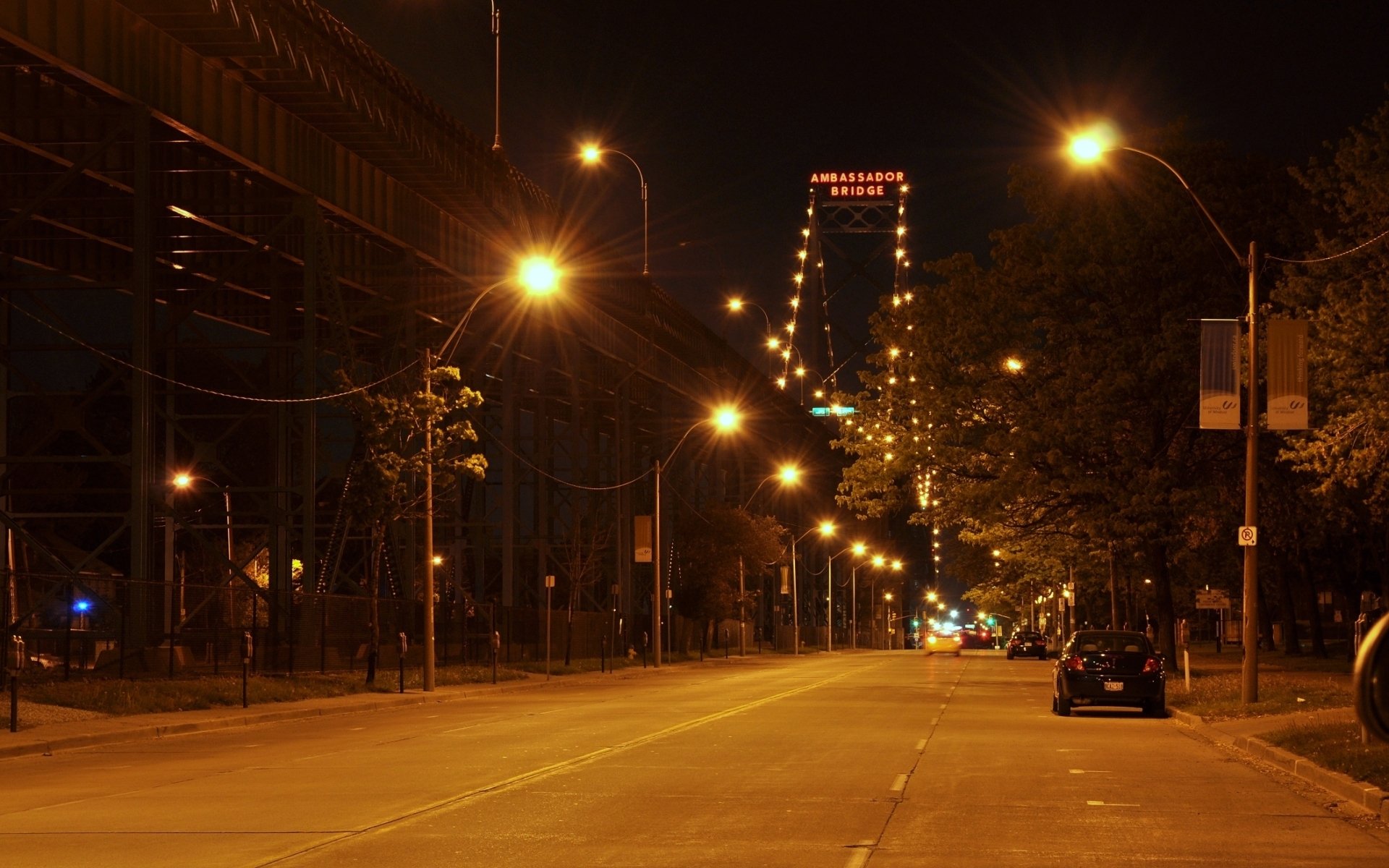 night evening city street cars lighting lanterns lights ambassador bridge ambassador bridge