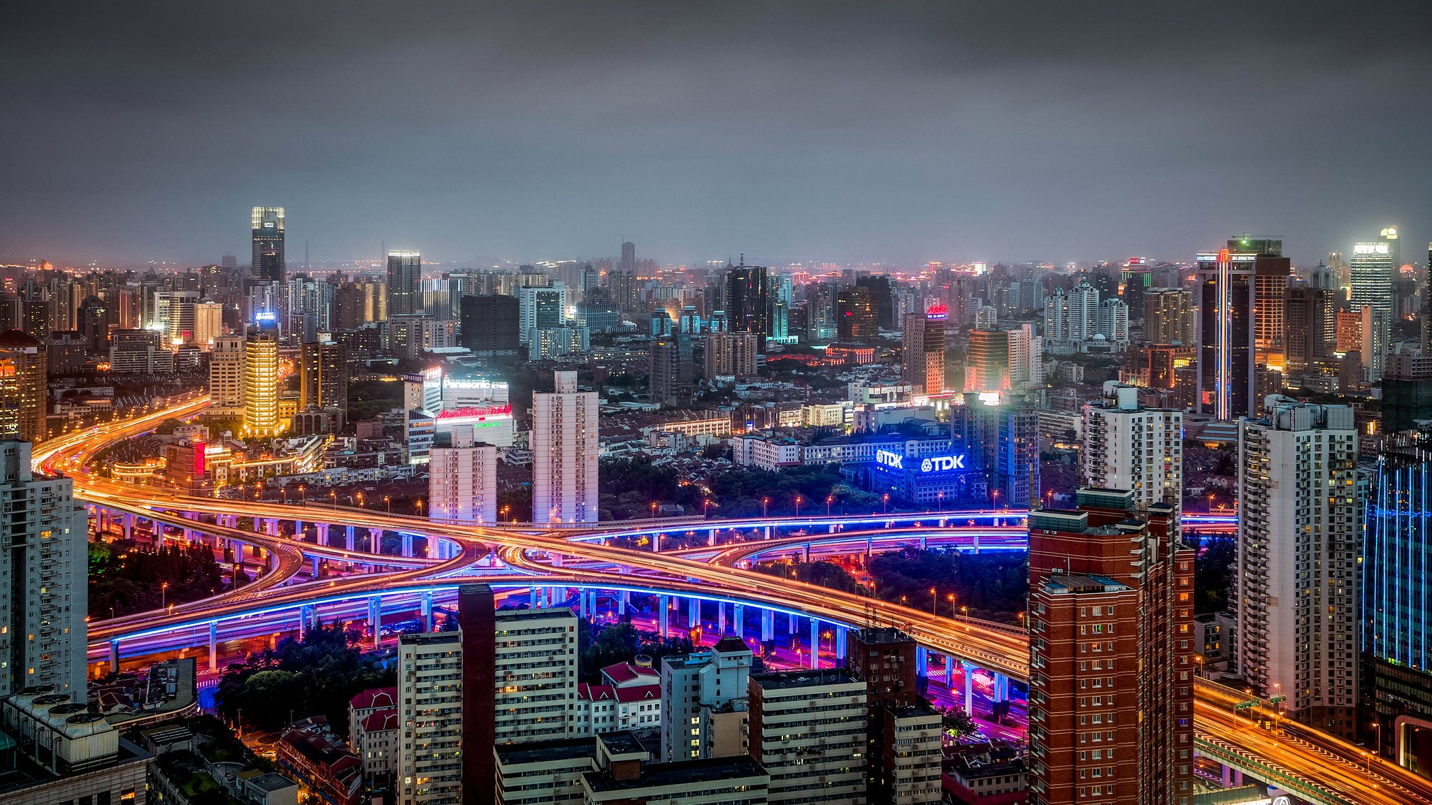 huangpu shanghai china night city buildings road panorama