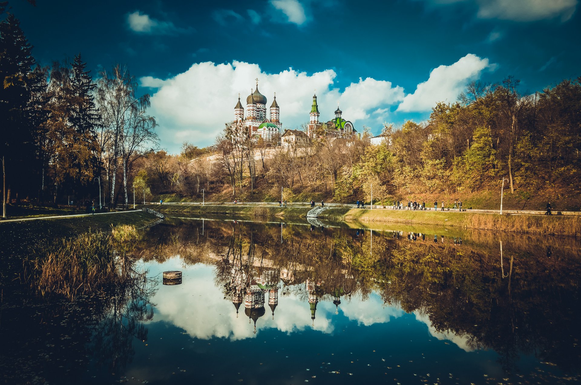 cathedral church reflection blue park feofania kiev