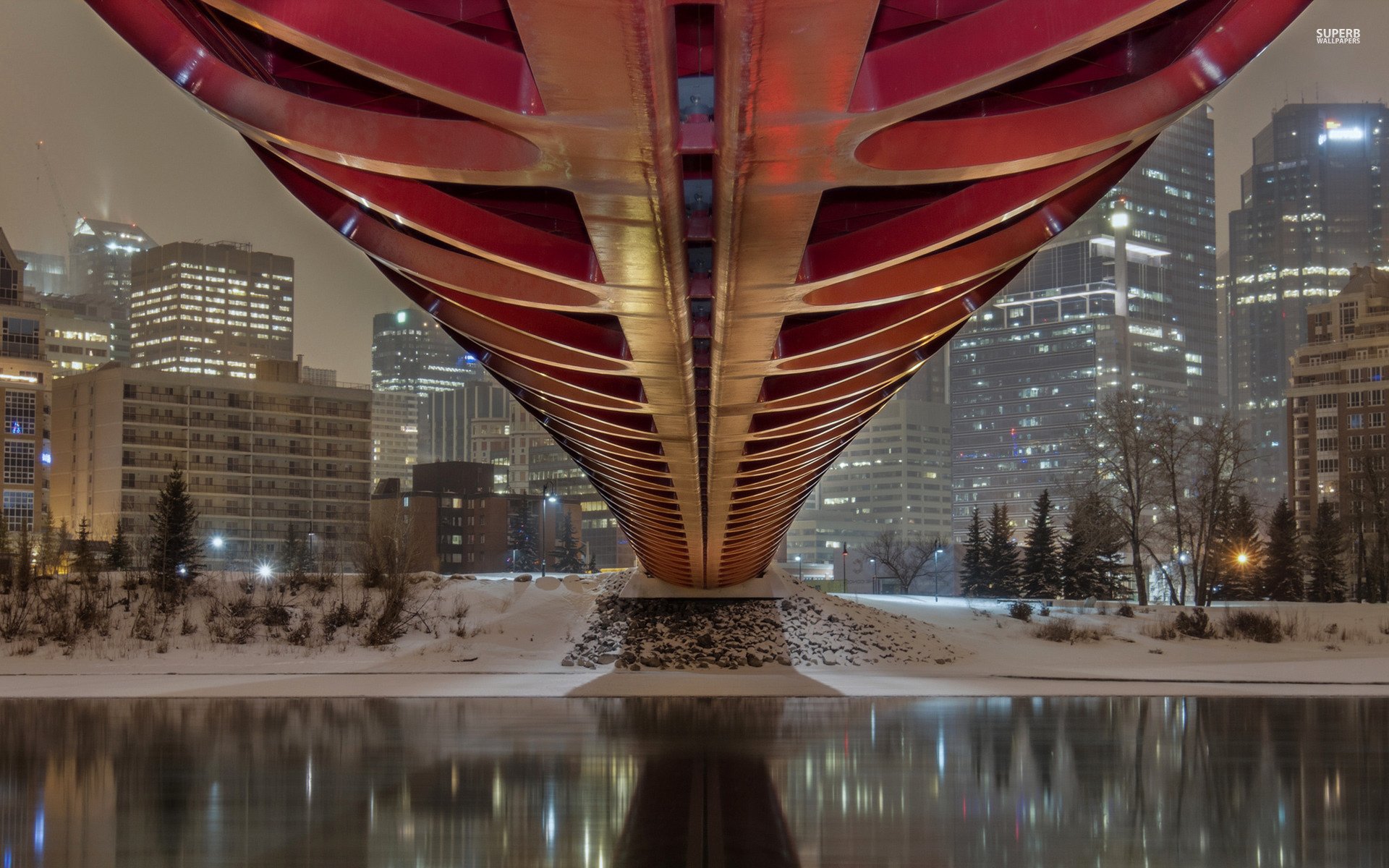 bridge river winter night lights house