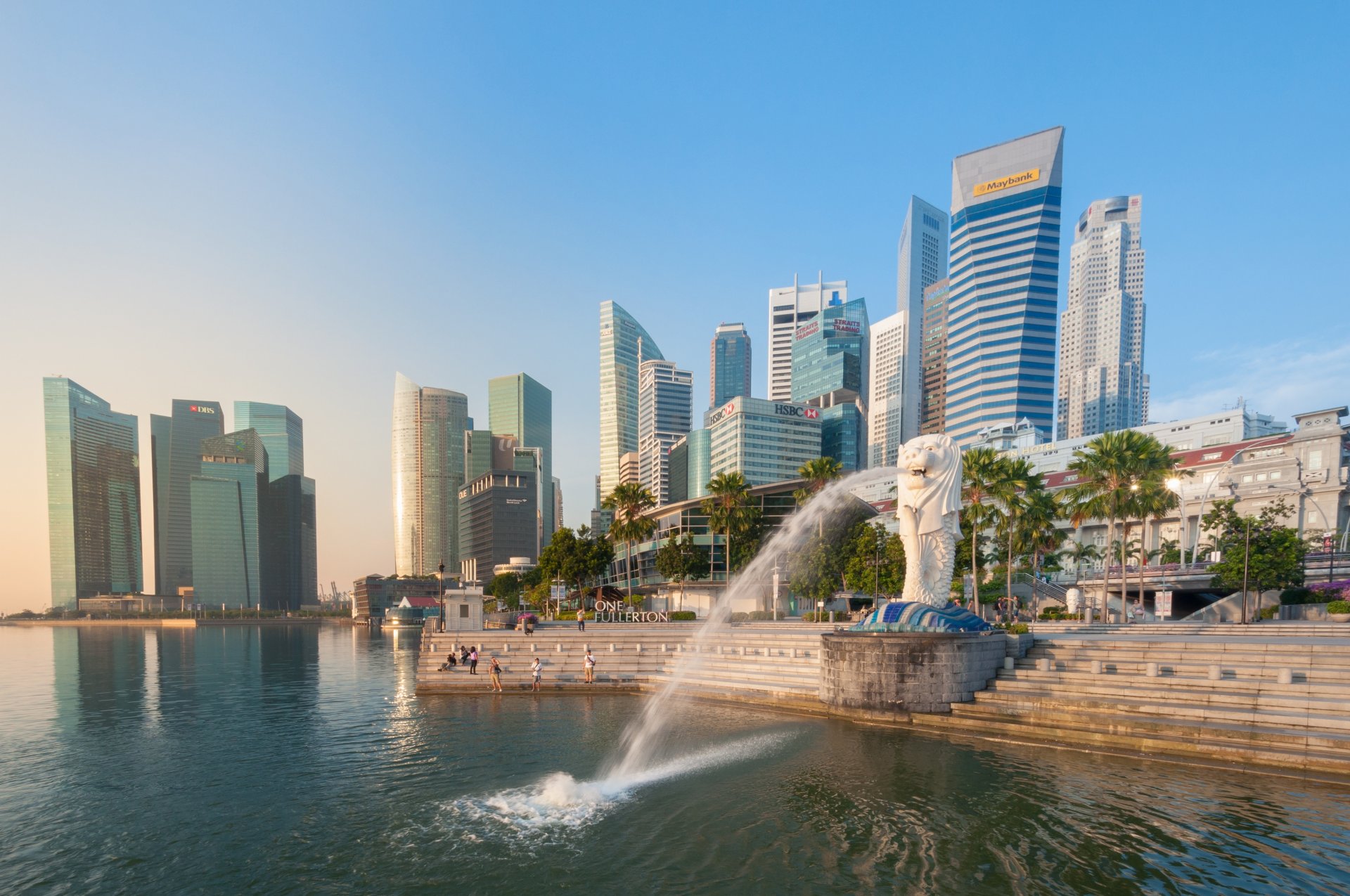 fuente de merlion marina bay singapur fuente bahía paseo marítimo escalera edificios