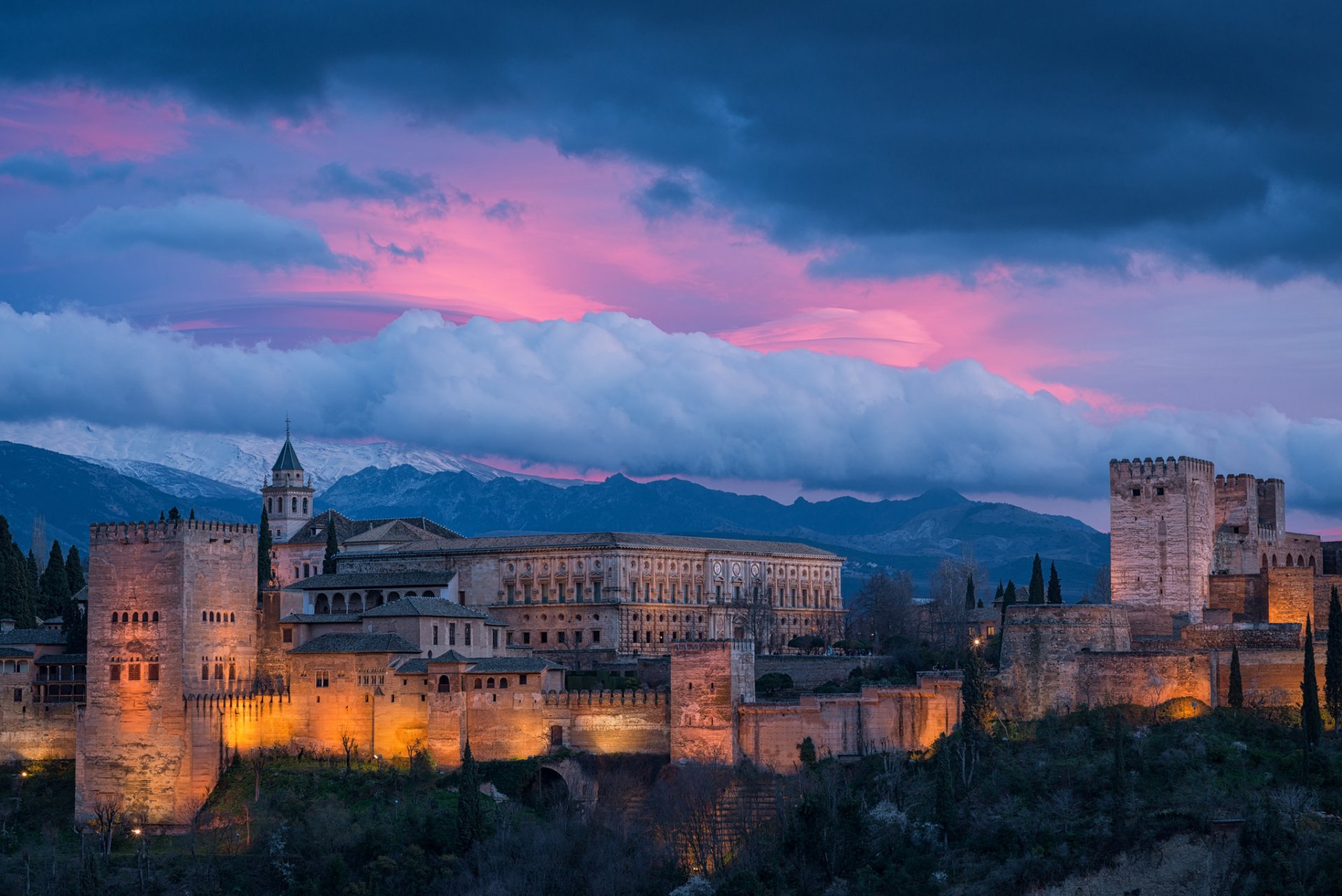 alhambra españa granada noche cielo