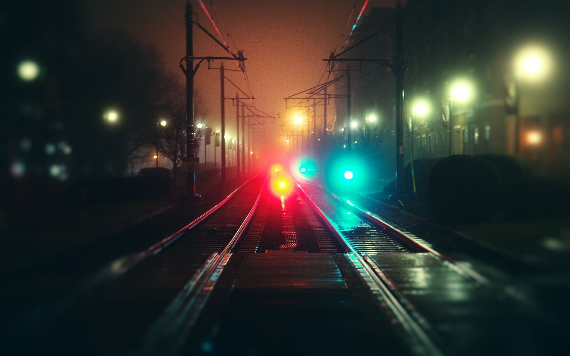 town night road rails fog bokeh