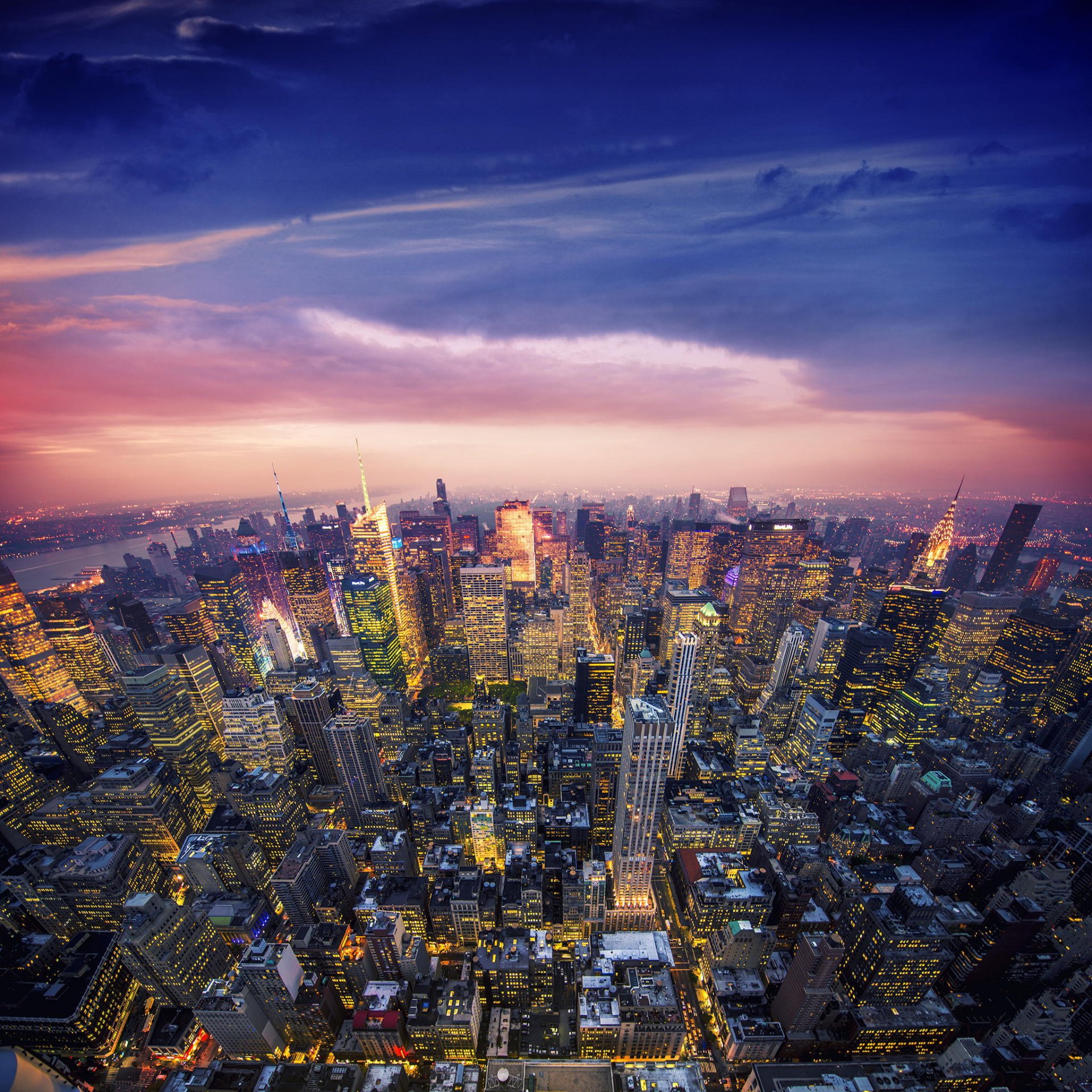 city evening lights sunset skyscrapers new york usa