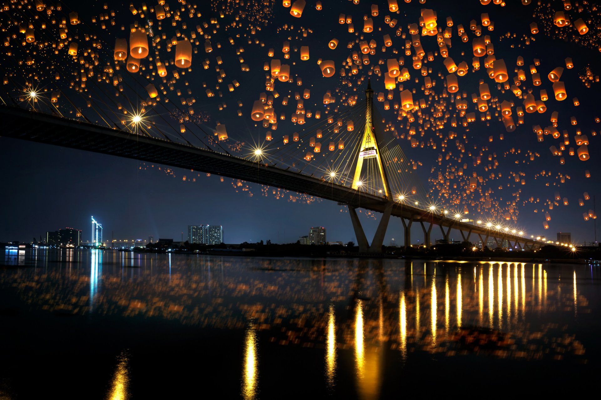 ville pont rivière nuit lumières réflexion lumières