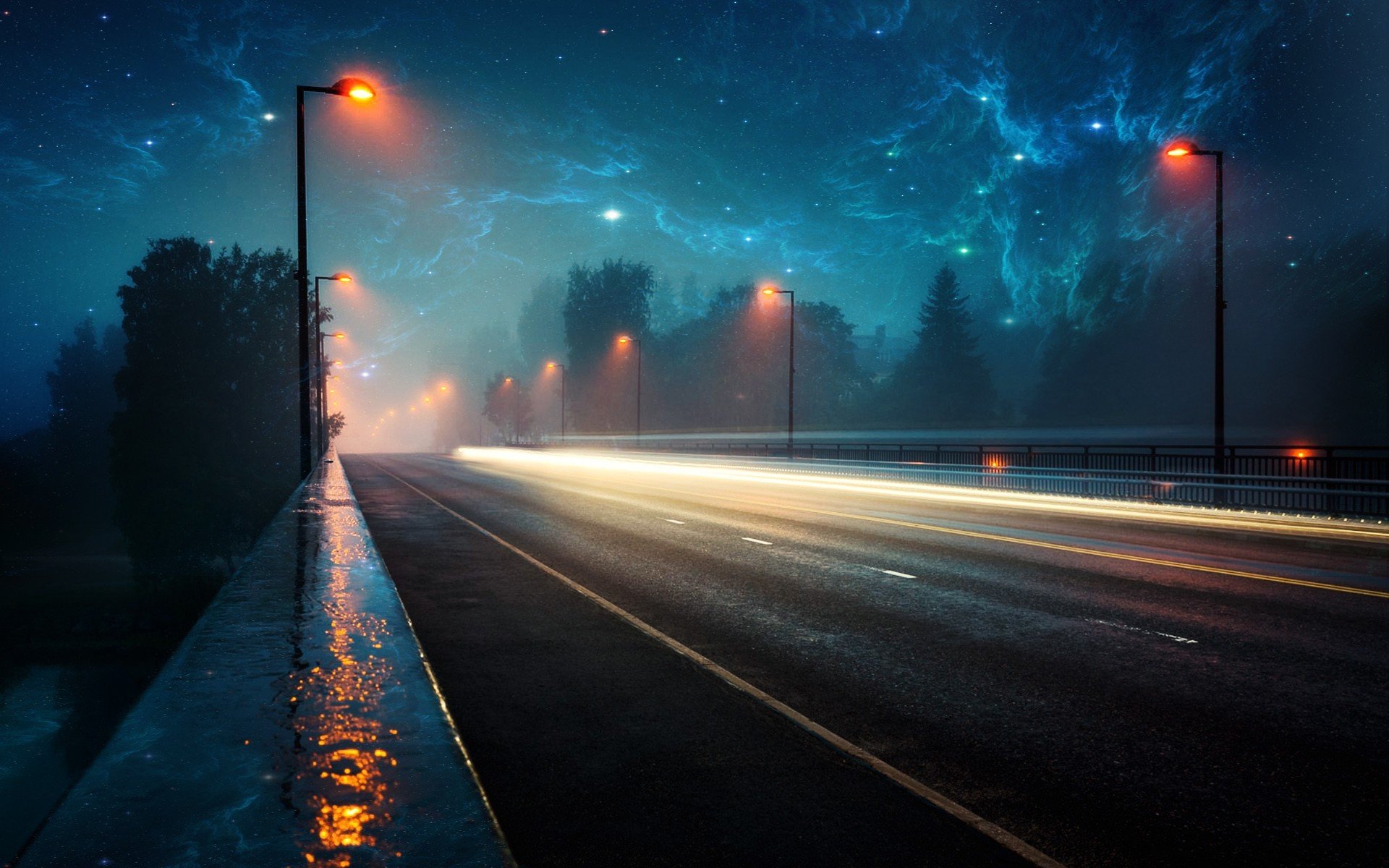 paisaje nebulosas espacio luz carretera noche lluvia nebulosas espacio más ligero luces carreteras